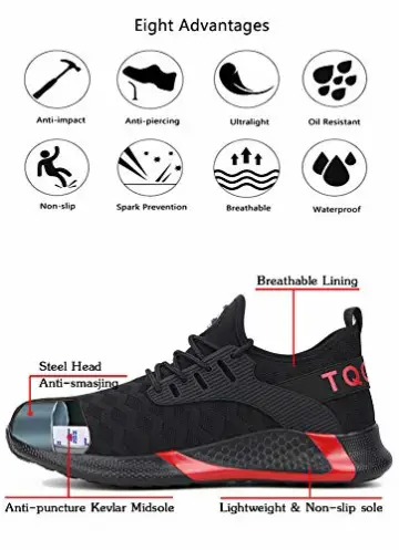 tqgold Sicherheitsschuhe Herren Damen S3 Arbeitsschuhe mit Stahlkappe Sportlich Leichtgewich Breathable rutschfeste Wasserdichtes Schuhe(Schwarz,Größe 48) - 2